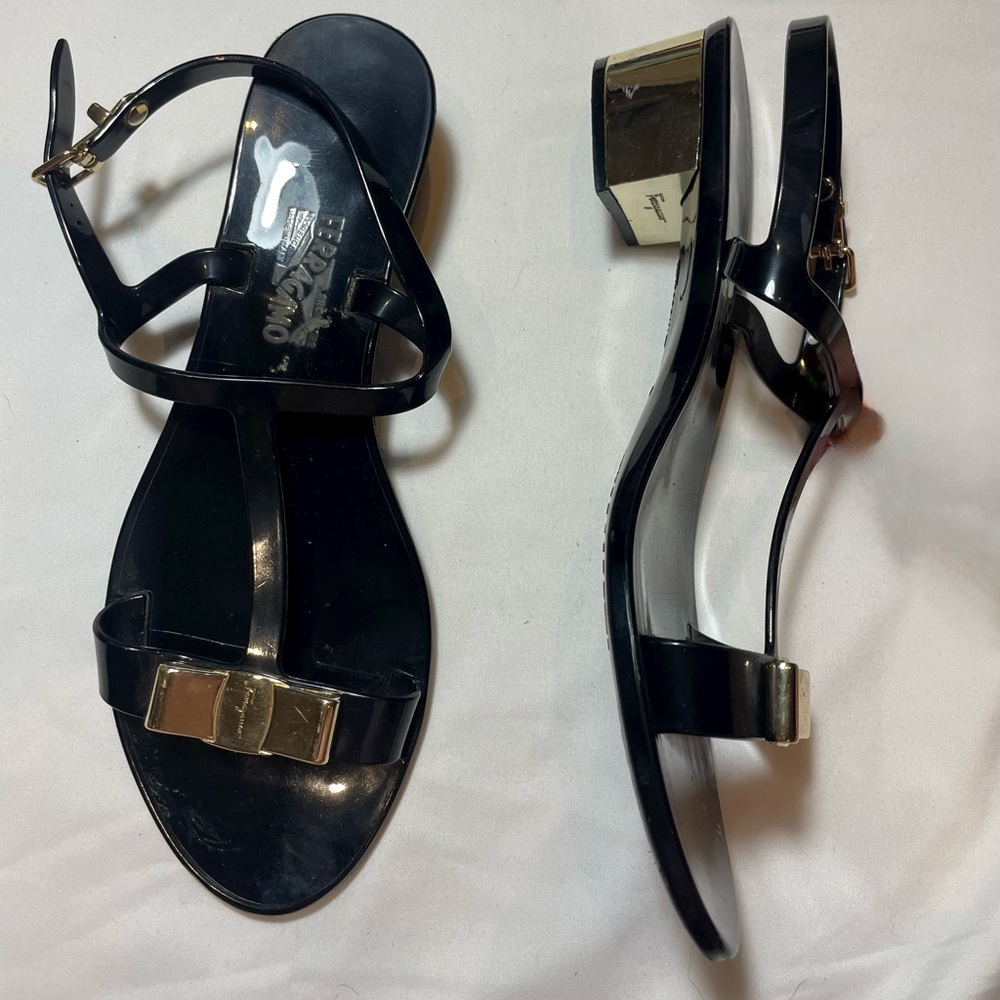 Ferragamo Black Kitten Heels with Gold details